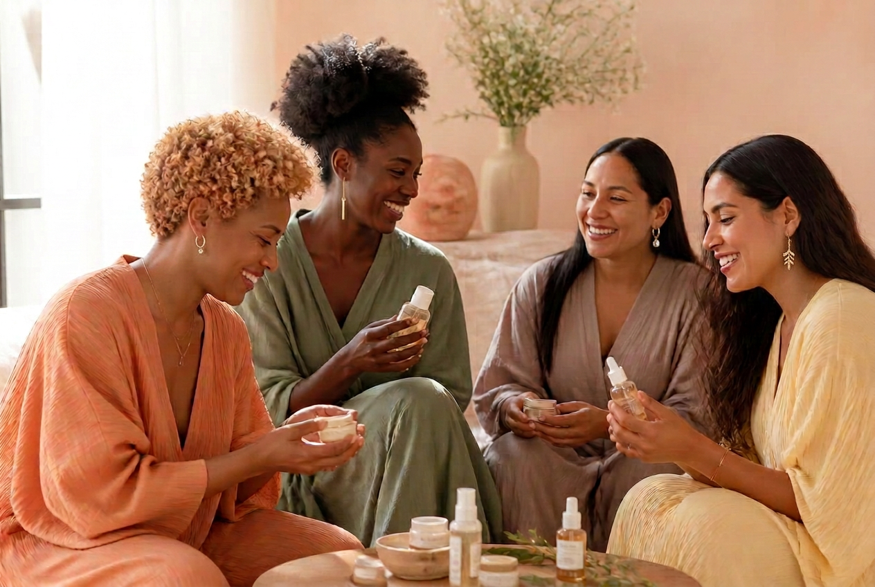 Four women sharing beauty products in a warm living room